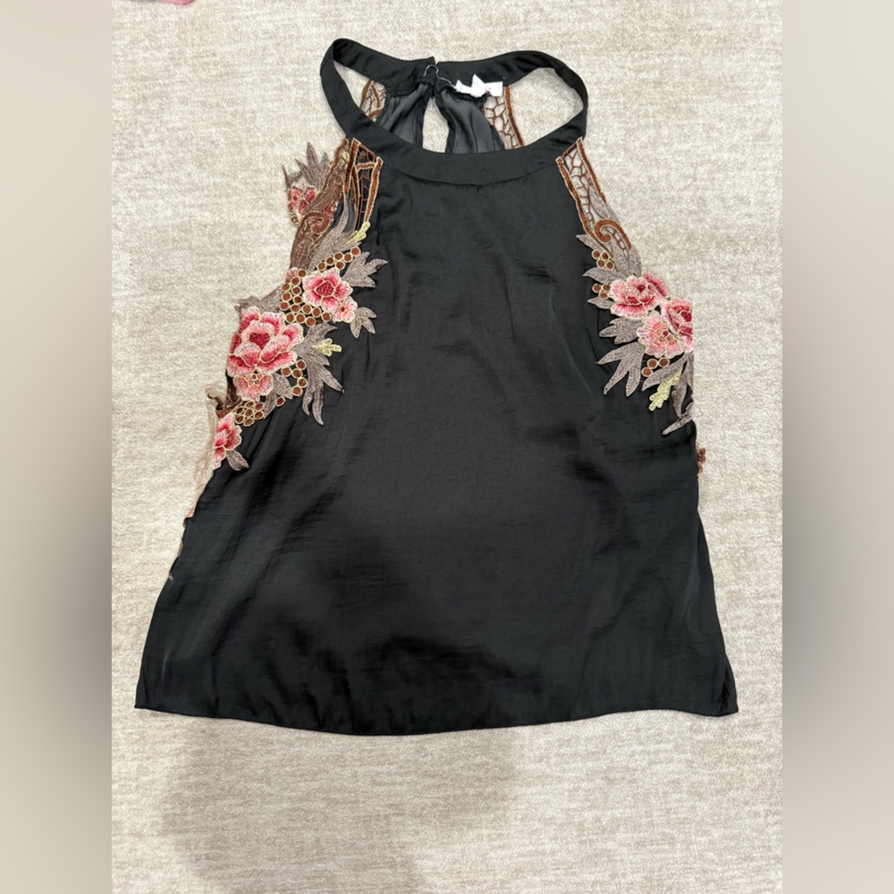 a'gaci Black Sleeveless Dress with Pink Floral Appliqué